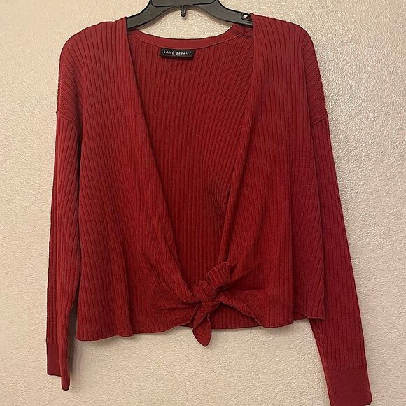 Lane Bryant knit burgundy red ribbed open tie front cardigan plus sweater 14/16 - Picture 1 of 8